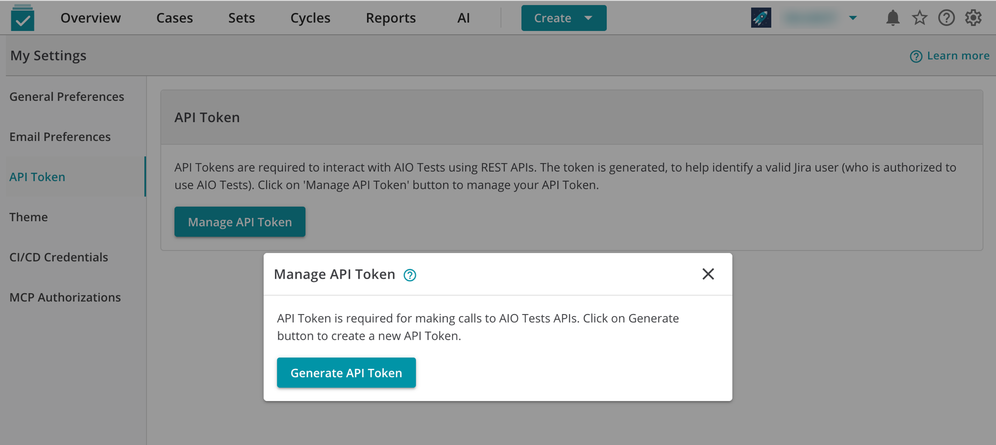 AIO Tests My Settings on the API Token tab with the Manage API Token dialog open