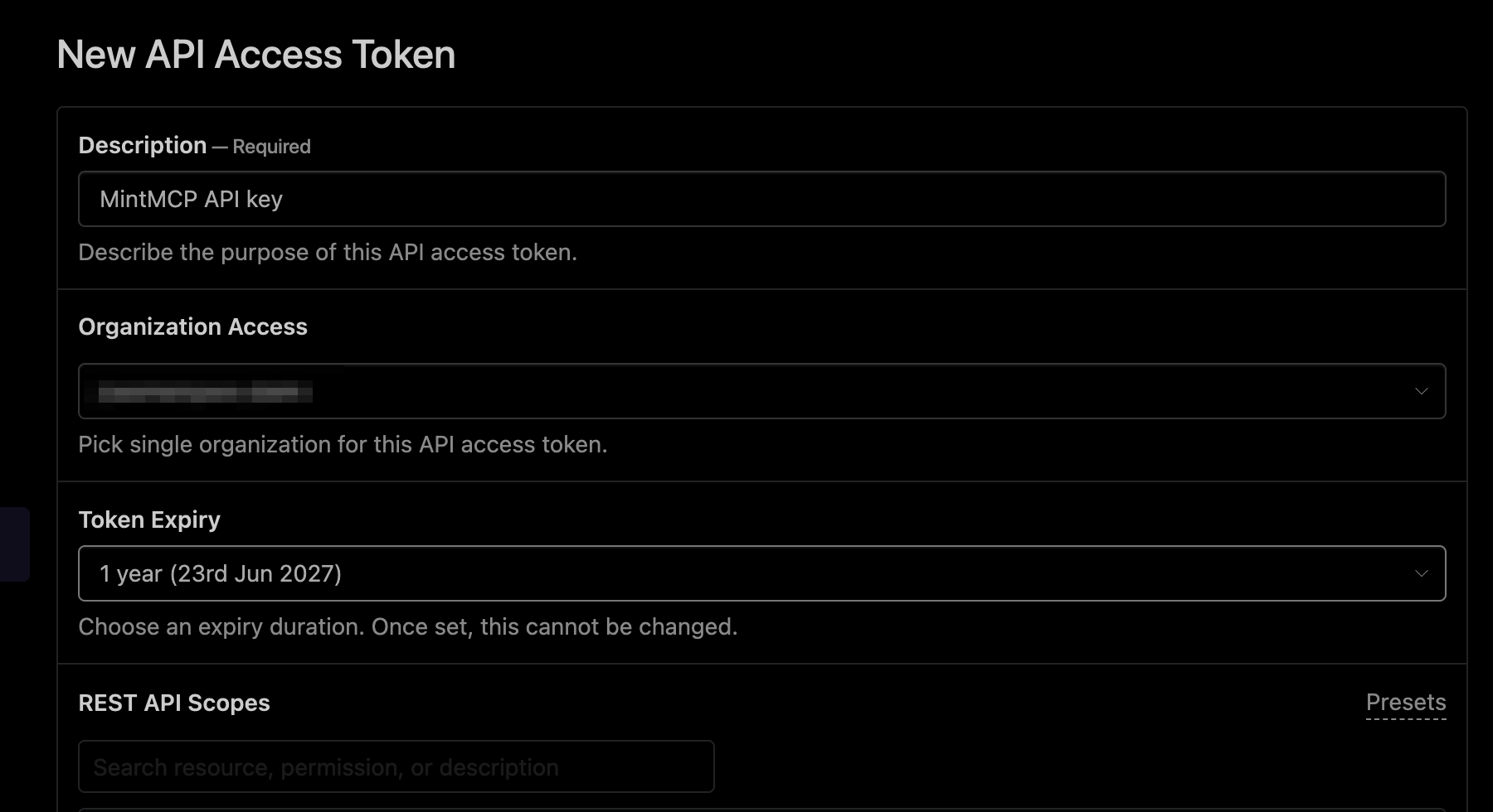 New API Access Token form showing Description, Organization Access, and Token Expiry fields