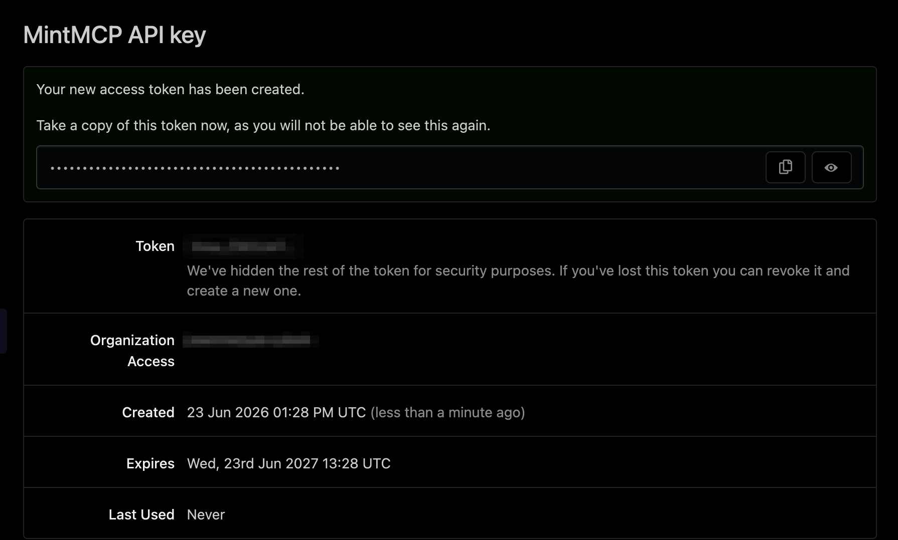 Token created screen with the copy button and masked token value
