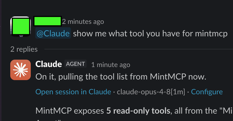 Slack channel where a user asks Claude to list MintMCP tools