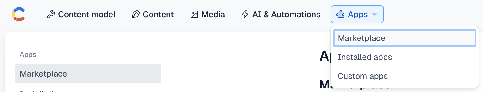 Contentful top navigation with the Apps menu open on Marketplace