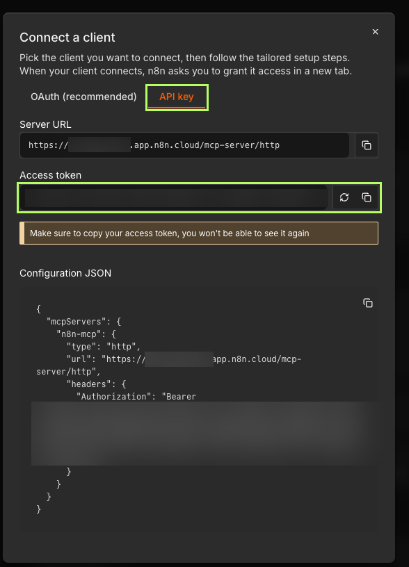 Connect a client dialog on the API key tab with the Server URL and the Access token field and its copy button