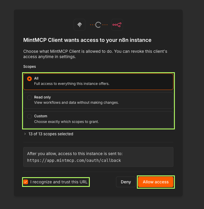 n8n consent screen for MintMCP Client with the scope options, the trust URL checkbox, and the Allow access button