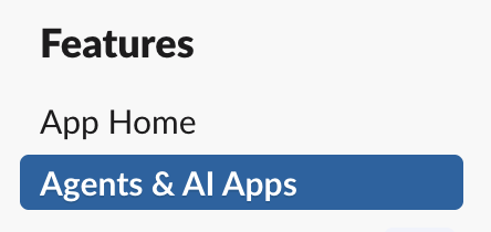 Slack app Features sidebar with Agents & AI Apps selected