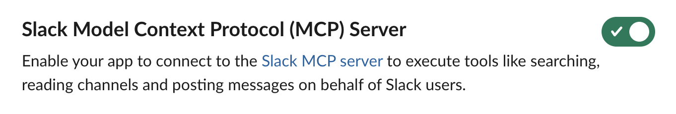 Slack Model Context Protocol Server section with the toggle enabled