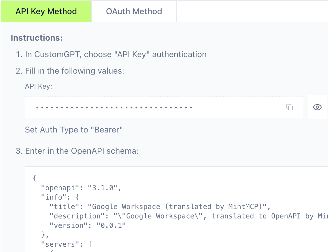 VMCP Custom GPT details with authentication options