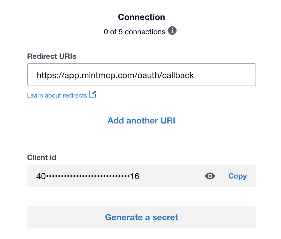Xero app Configuration tab showing the Client id field and the Generate a secret button