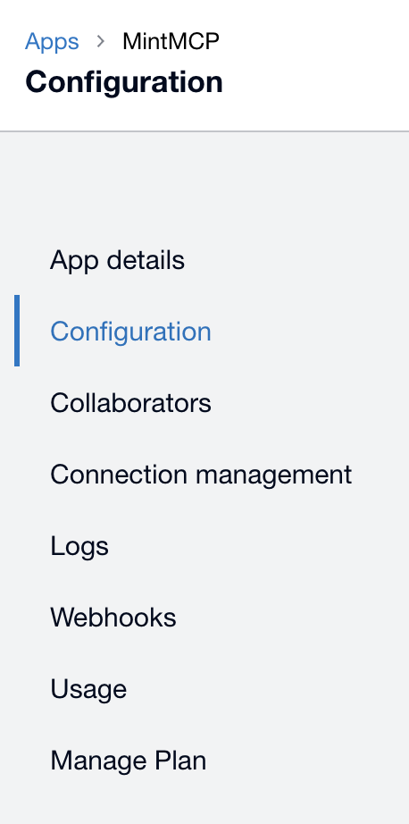 Xero app sidebar with the Configuration tab selected