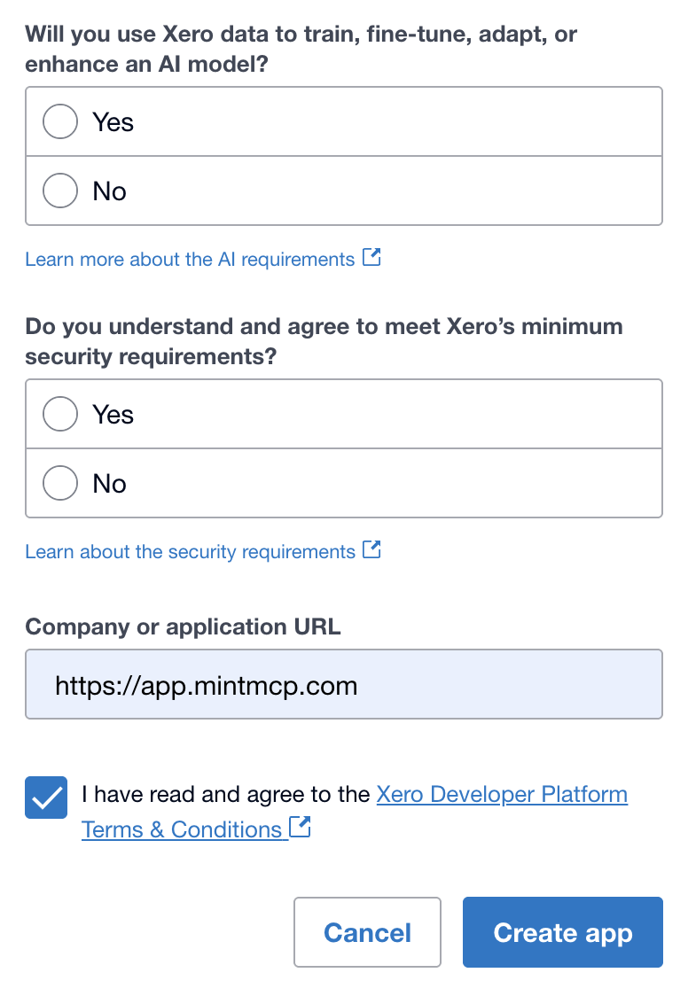 Add a new Xero app form showing the company URL field and the Create app button for a Custom Connection