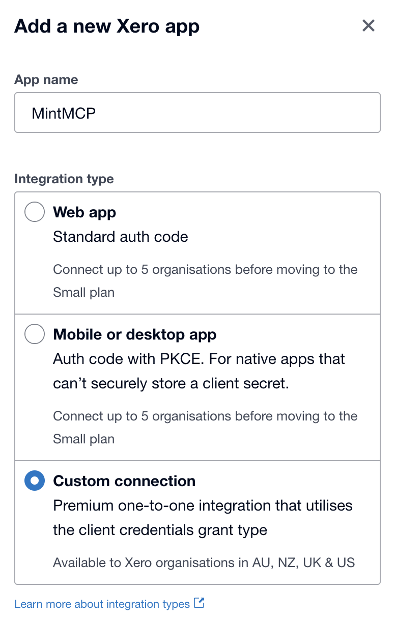 Add a new Xero app form showing App name set to MintMCP and Custom connection selected as the integration type