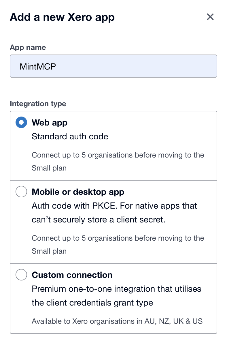 Add a new Xero app form showing App name set to MintMCP and Web app selected as the integration type