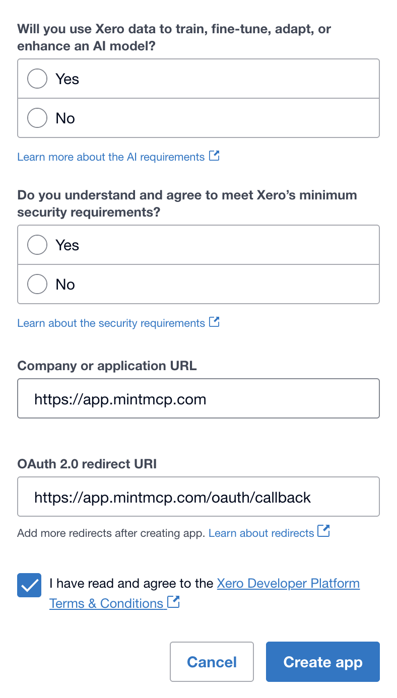 Add a new Xero app form showing the company URL and OAuth 2.0 redirect URI fields with the Create app button